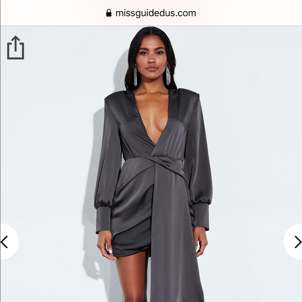 gray satin wrap front drape mini dress